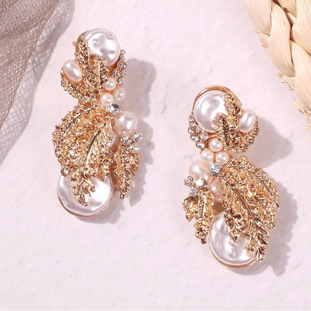 Pearl Drop Statement Earrings Gold Fashion Pearl Geometric Dangle Earrings